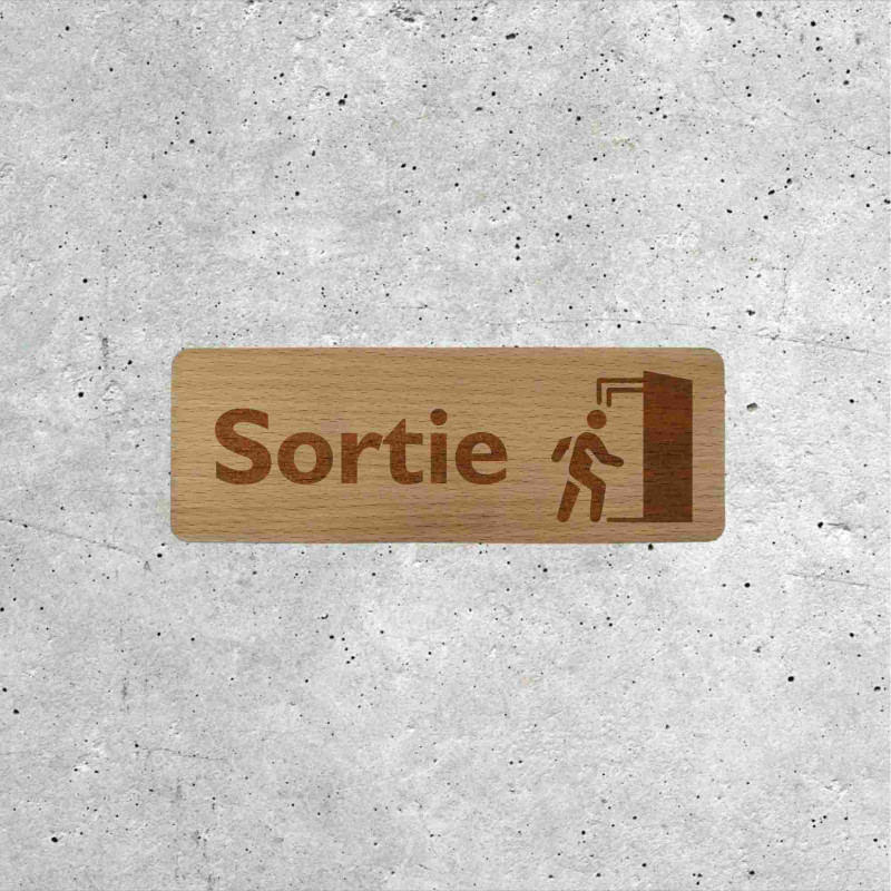 Panneau de sortie en bois avec pictogramme de porte